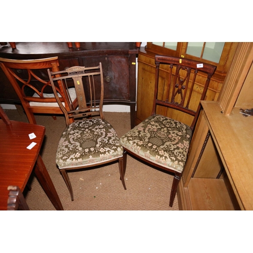 654 - A pair of Edwardian rosewood and inlaid splat back side chairs, two similar chairs and one other