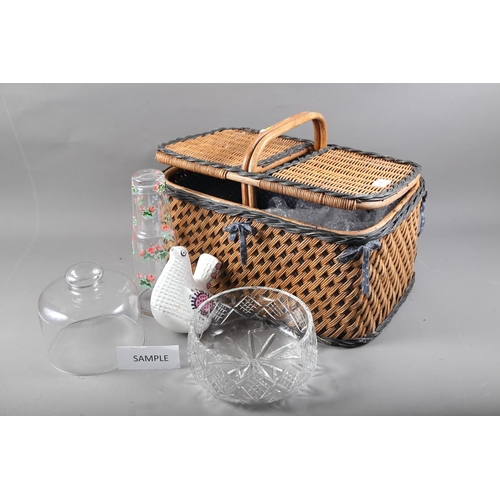 268 - A picnic basket/hamper, a wooden spice rack, egg stand and other items