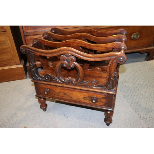 486 - A William IV carved rosewood Canterbury, fitted one drawer, on turned supports, 20