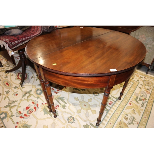 550 - A pair of 19th century mahogany and inlaid 'D' shaped tables, on square supports, 43