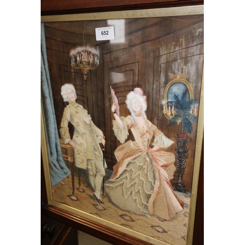 652 - An Edwardian walnut pole fire screen with watercolour and silk embroidered figure decorated panel, o... 