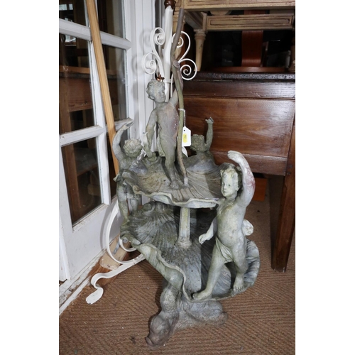 695 - A cast lead two-tier shell and putti fountain, on dolphin triform base, 36