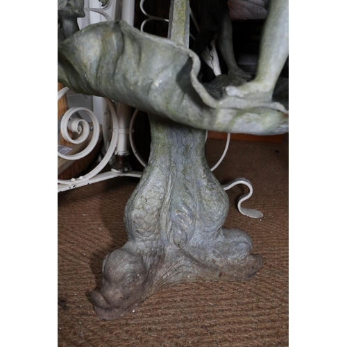 695 - A cast lead two-tier shell and putti fountain, on dolphin triform base, 36