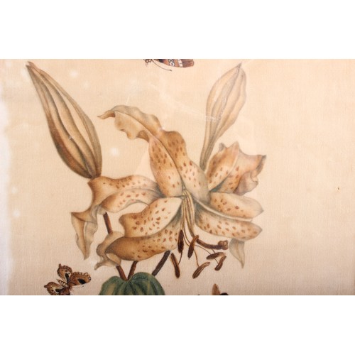 463 - A Chinese watercolour on velvet, butterflies and flowers, 16 1/2