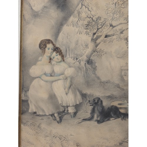 443 - Robert Thorburn pencil sketch with watercolour, Francis Campbell and her sister, signed and dated 18... 