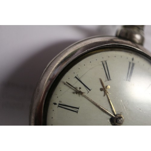 372 - An 19th century silver pair cased pocket watch with white enamel dial and Roman numerals, the fusee ... 