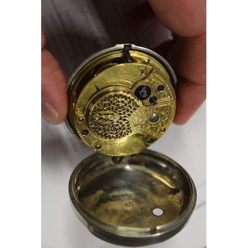 372 - An 19th century silver pair cased pocket watch with white enamel dial and Roman numerals, the fusee ... 