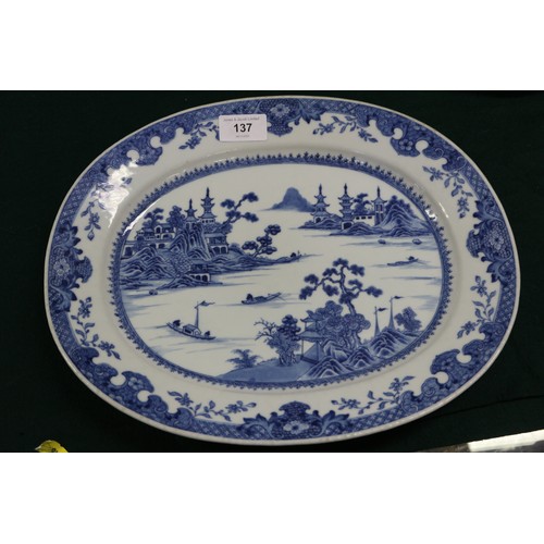 137 - A pair of Chinese oval shaped platters with landscape decoration, 13 1/4