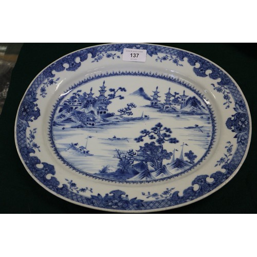 137 - A pair of Chinese oval shaped platters with landscape decoration, 13 1/4