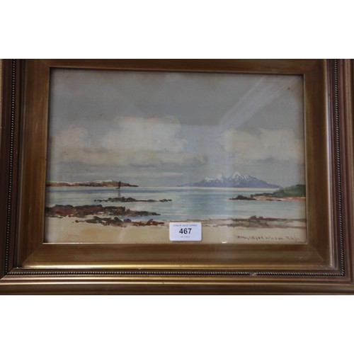 467 - P McGregor-Wilson RSW: a pair of watercolours, Duart Castle Mull, and Eigg, Rhum and Skye, 8 1/2