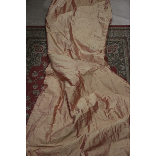 239 - A pair shot silk dupion interlined curtains with pencil pleat headings and terracotta linings, each ... 