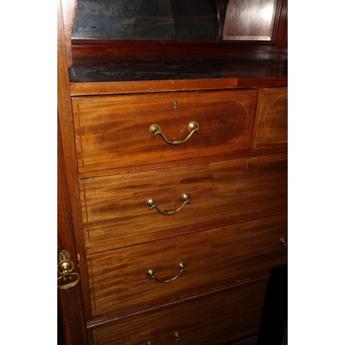 509 - A late 19th century mahogany box and ebony strung Beaconsfield wardrobe, hanging compartment enclose... 