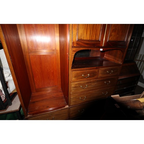 509 - A late 19th century mahogany box and ebony strung Beaconsfield wardrobe, hanging compartment enclose... 