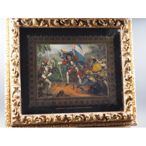 328 - A 19th century hand-coloured lithograph, Christopher Columbus, in deep gilt frame