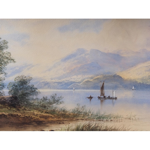 357 - Edwin Earp (1851-1945): watercolours, lakeside scene with sailboats and distant mountains, 10 1/2