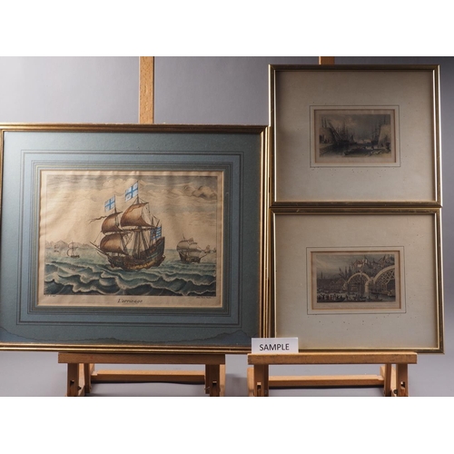 341 - A set of three hand-coloured prints, 17th century sailing boats, in wash line mount and gilt strip f... 