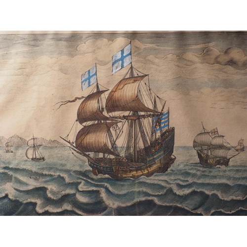 341 - A set of three hand-coloured prints, 17th century sailing boats, in wash line mount and gilt strip f... 