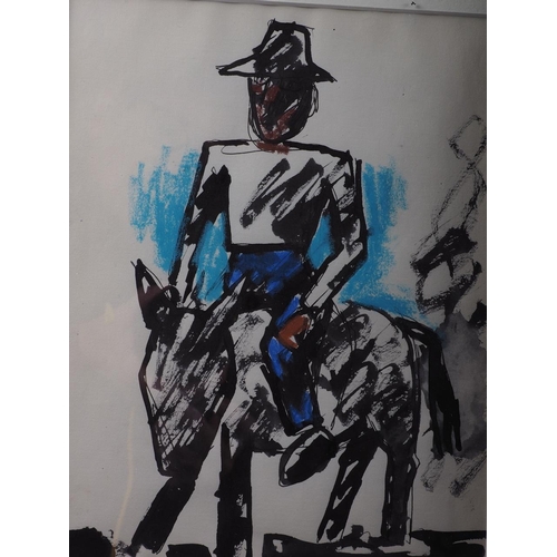 348 - Josef Herman: mixed media watercolour and crayon, Peasant on a Donkey, 10