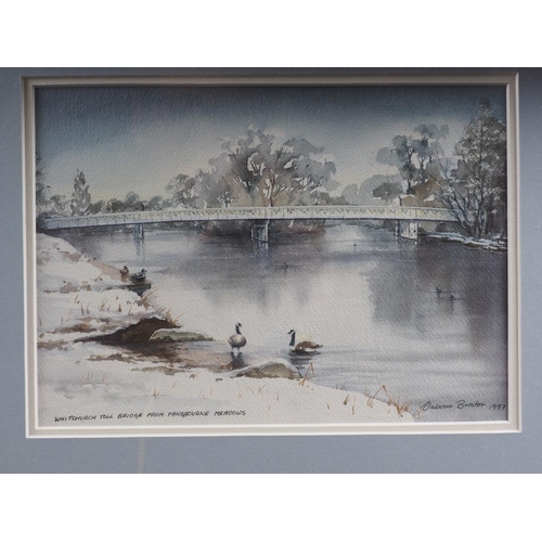 377 - Valerie Burton: two watercolours, views of Pangbourne Meadows and Pangbourne church, in gilt frames,... 