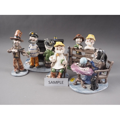 38 - Seven Alan Young pottery figures and figure groups, including a witch, a man playing the piano, two ... 