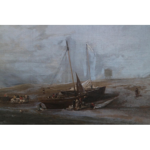 389 - An English mid 19th century oil on canvas, Suffolk coastal scene with shrimp fisher and fishing boat... 