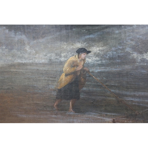 389 - An English mid 19th century oil on canvas, Suffolk coastal scene with shrimp fisher and fishing boat... 