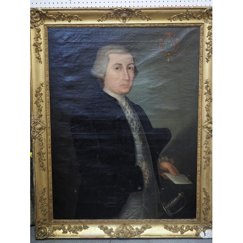 390 - A mid 18th century French oil on canvas, portrait of a nobleman holding a letter with coat of arms t... 