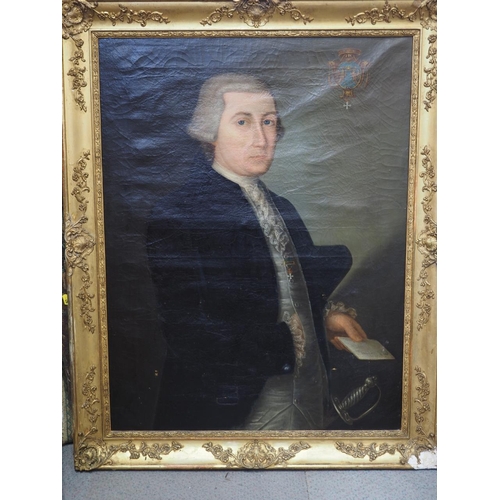 390 - A mid 18th century French oil on canvas, portrait of a nobleman holding a letter with coat of arms t... 