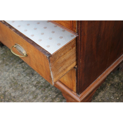 444 - An early 18th century walnut and fruitwood line inlaid fall front bureau, the interior fitted pigeon... 