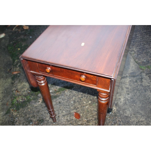 445 - A Cuban mahogany Pembroke table fitted two drawers on turned, ringed and tapered supports, 42 1/2