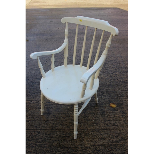 463 - A white painted spindle back, a wheelback chair and a mahogany frame stool with needlepoint seat, on... 