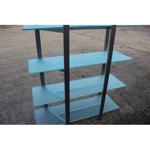 498 - A 1970s Danish glass and canted metal shelving unit, (four shelves), 51 1/2