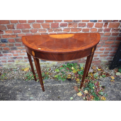 506 - A reproduction mahogany semi-circular and inlaid side table and a burr walnut and banded side table