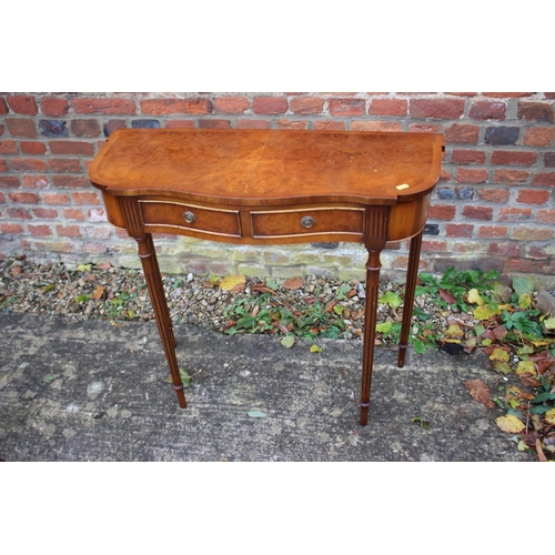 506 - A reproduction mahogany semi-circular and inlaid side table and a burr walnut and banded side table