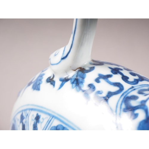 59 - A Chinese porcelain blue and white moon flask with all-over geometric and scroll decoration, 8