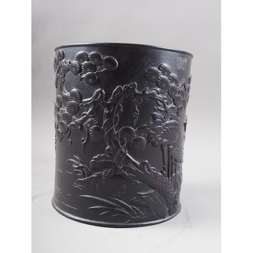 69 - A Chinese Zitan cylindrical brush pot, with carved bird, tree and landscape decoration, 6