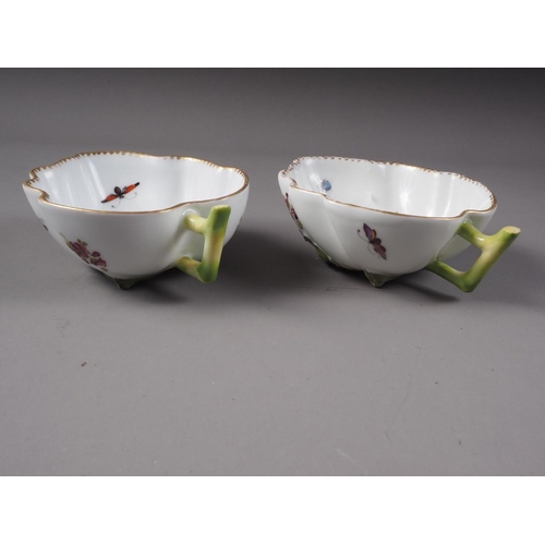 9 - A pair of Dresden porcelain floral decorated leaf shape cups, 4 3/4