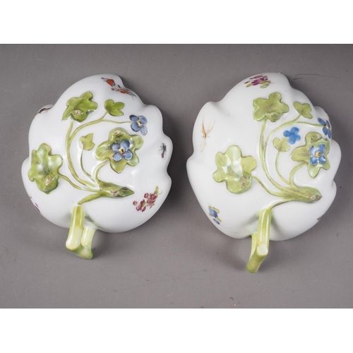 9 - A pair of Dresden porcelain floral decorated leaf shape cups, 4 3/4