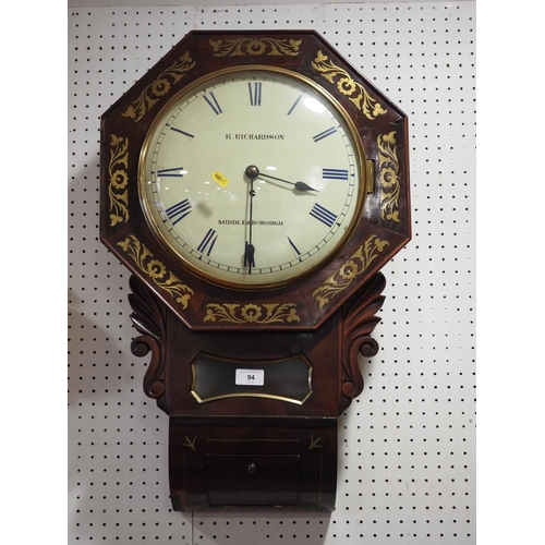 94 - A Regency rosewood and brass inlaid drop dial wall clock with single fusee movement and cream painte... 