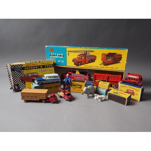 121 - Boxed Corgi toys: Chipperfields Circus Crane Truck and Cage, Ford Zephyr Estate Car, part set of tyr... 