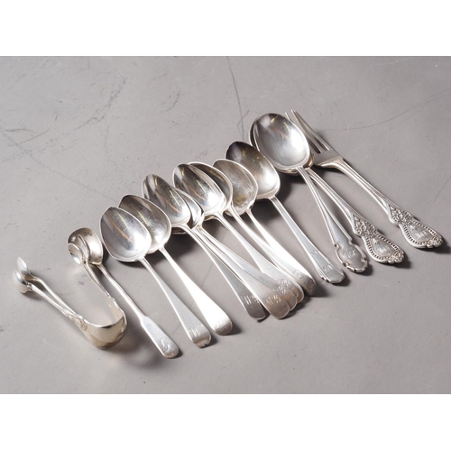 253 - A set of six Georgian silver teaspoons, various other silver spoons and two pairs of sugar tongs, 8.... 