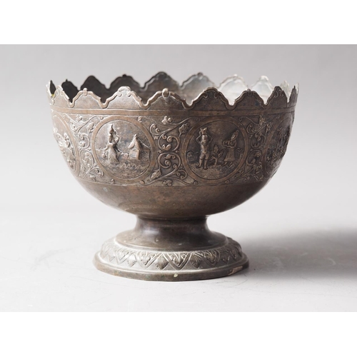 255 - An Indian white metal pedestal bowl with embossed decoration, 14.5oz troy approx