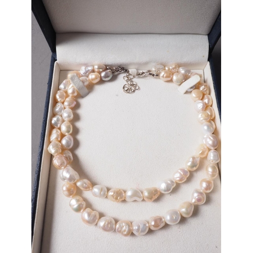 307 - A double-stranded necklace of freshwater pearls with white metal clasp