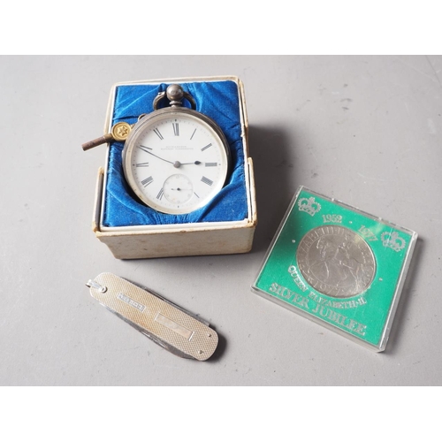 311 - A silver cased open faced pocket watch, with white enamel dial, Roman numerals and subsidiary second... 