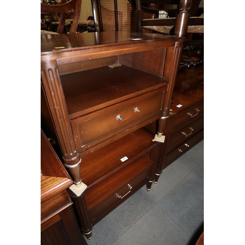 488 - A pair of mahogany and brass mounted bedside cabinets, fitted recess over one door, on turned and ta... 