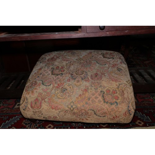 504 - A chesterfield type settee with loose seat and back cushions, upholstered in a floral tapestry, 74