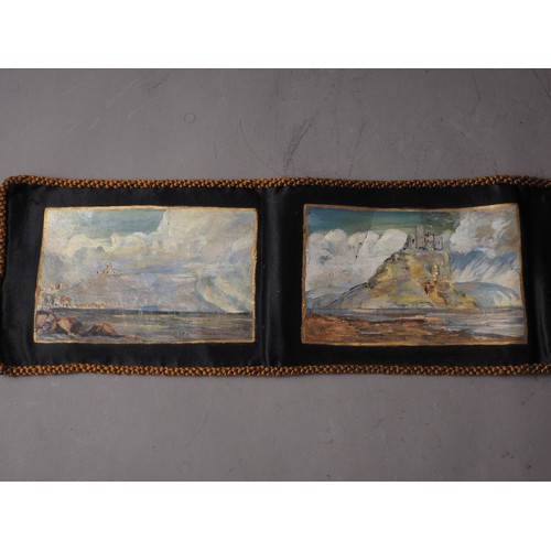 387 - A string of eight oils on fabric, coastal scenes, each 7