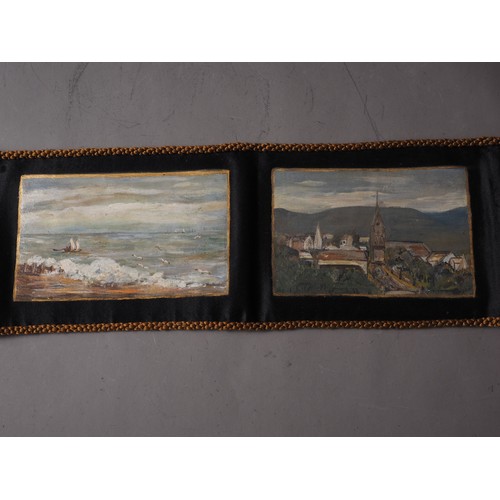 387 - A string of eight oils on fabric, coastal scenes, each 7