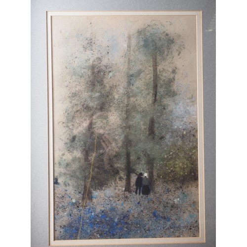 362 - Gabrielle Bellocq: pastels, two figures in a landscape with trees and blue flowers, 19