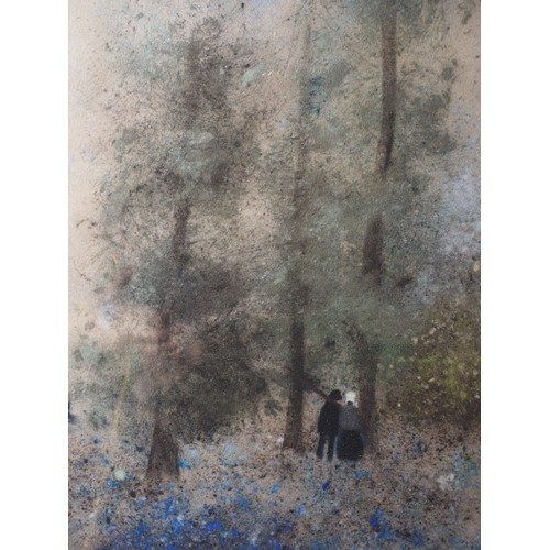 362 - Gabrielle Bellocq: pastels, two figures in a landscape with trees and blue flowers, 19